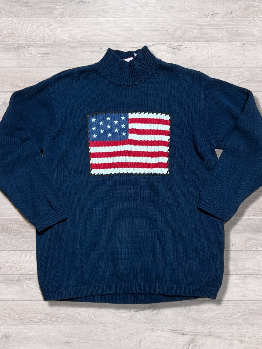 Vintage 90s Liz & Co American Flag Chunky Knit Sweater Mockneck Petite Medium
